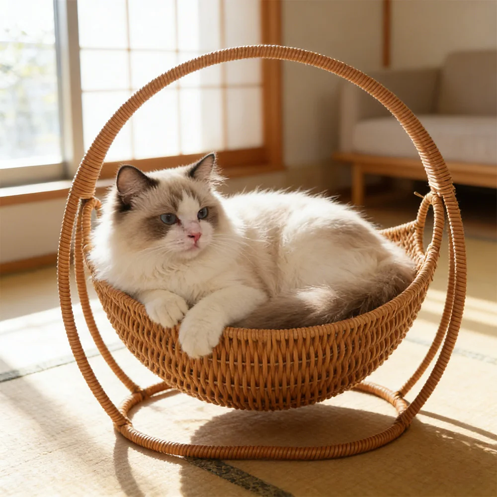 Cama columpio de ratán para gatos con base oscilante