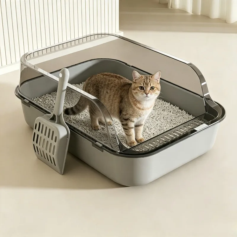 Caja de arena semicerrada para gatos con lados altos anti-salpicaduras