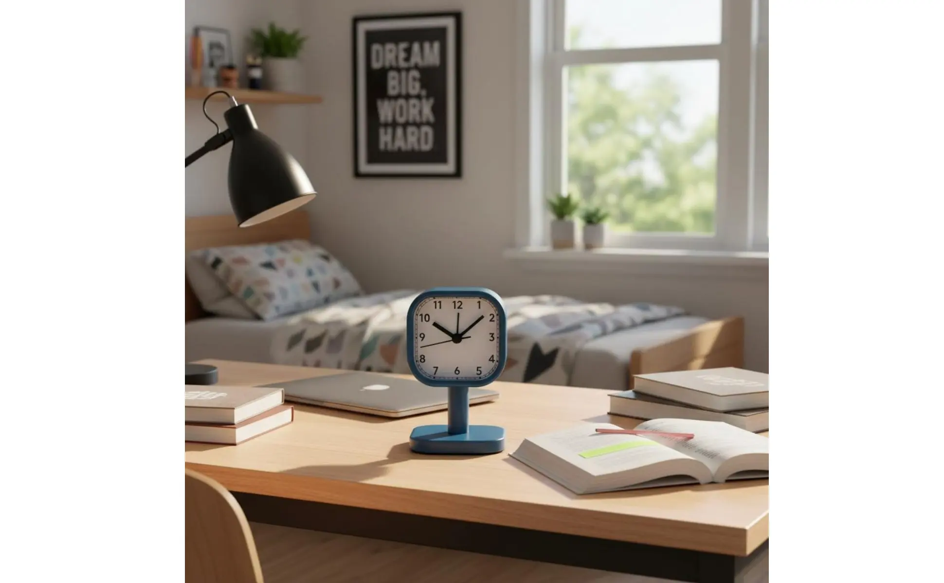 Reloj despertador minimalista en mesita de noche con acabado esmerilado