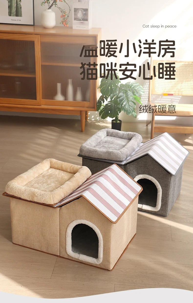 Casa para gatos plegable y acolchada, refugio interior