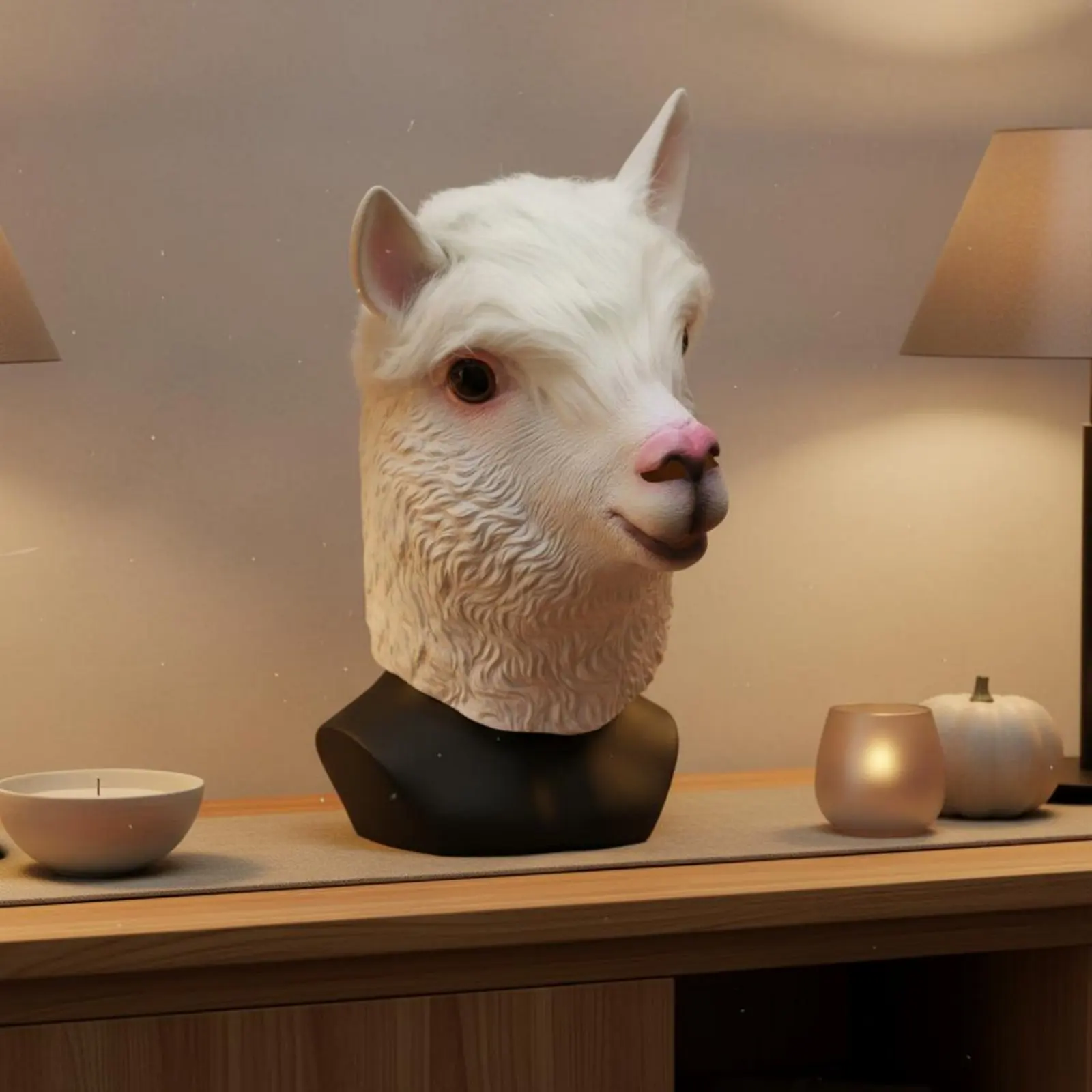 Disfraz de alpaca para perros y gatos con cabeza realista de látex