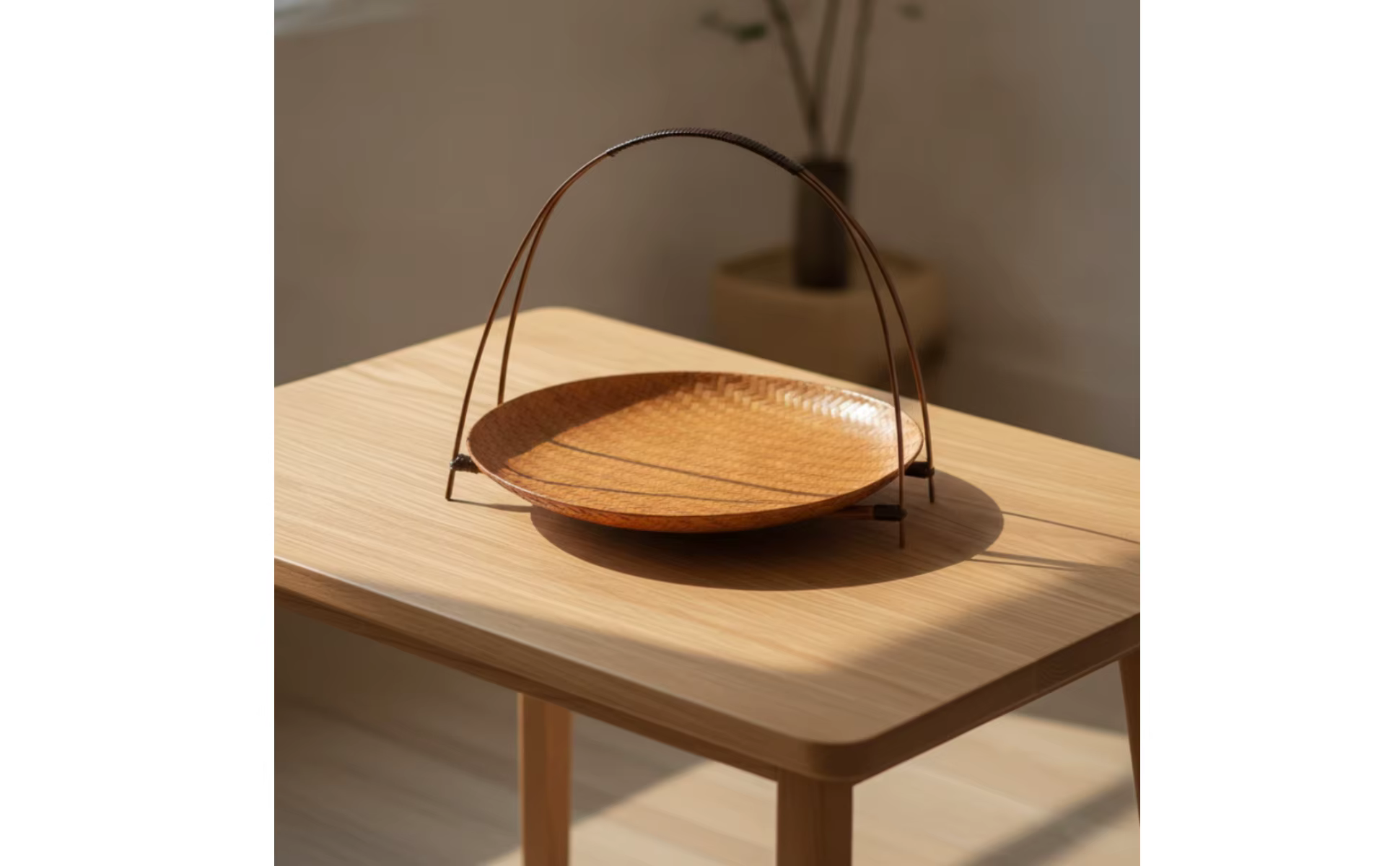 Cesta de mimbre con soporte y bandeja de bambú con asa