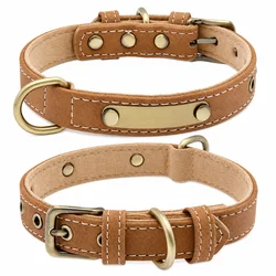 Collar cuero personalizado perro con placa latón y correa acolchada