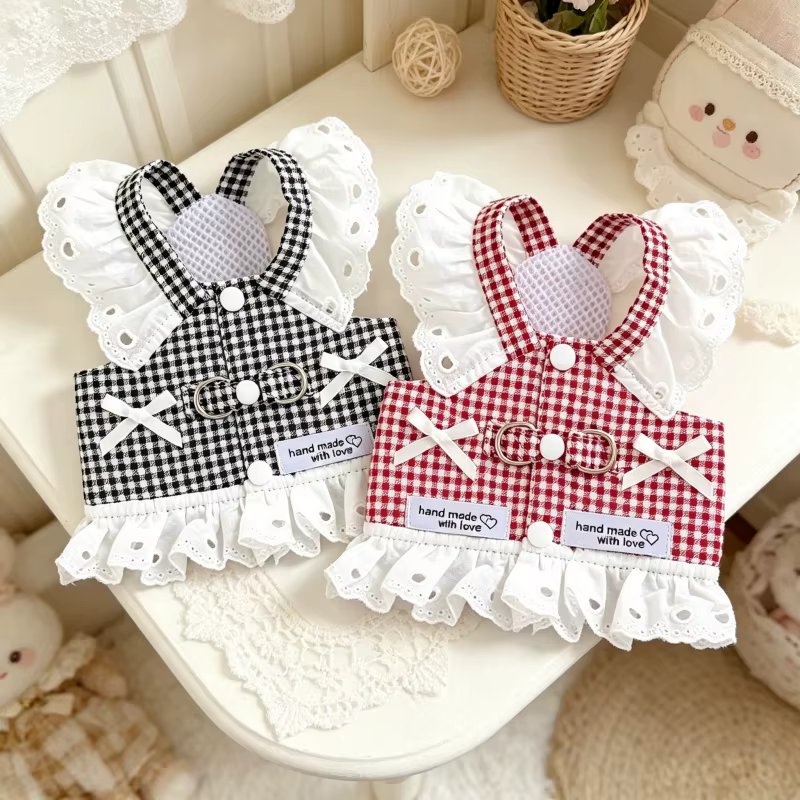 Vestido arnés a cuadros con encaje y lazo para perro pequeño - imagen 5