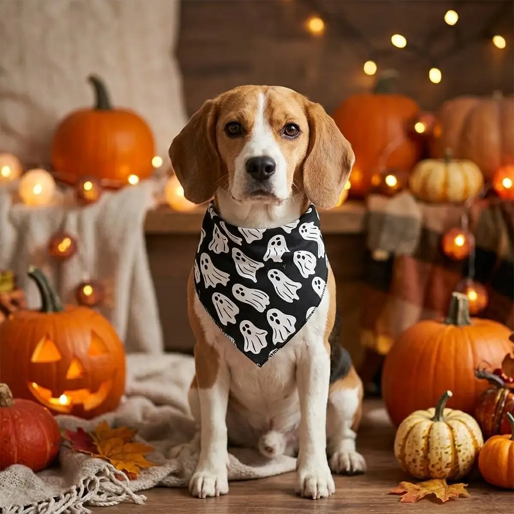 Pañuelo triangular negro para perro con estampado de fantasma