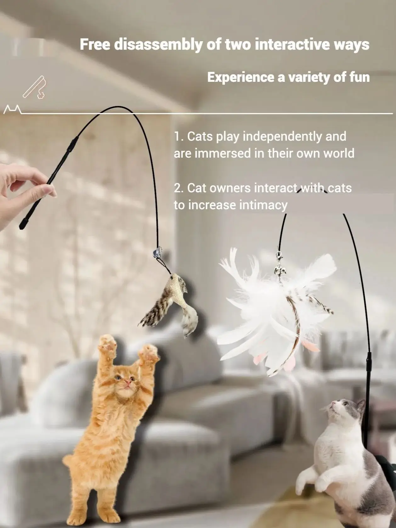 Palo interactivo para gatos con ventosa y plumas naturales