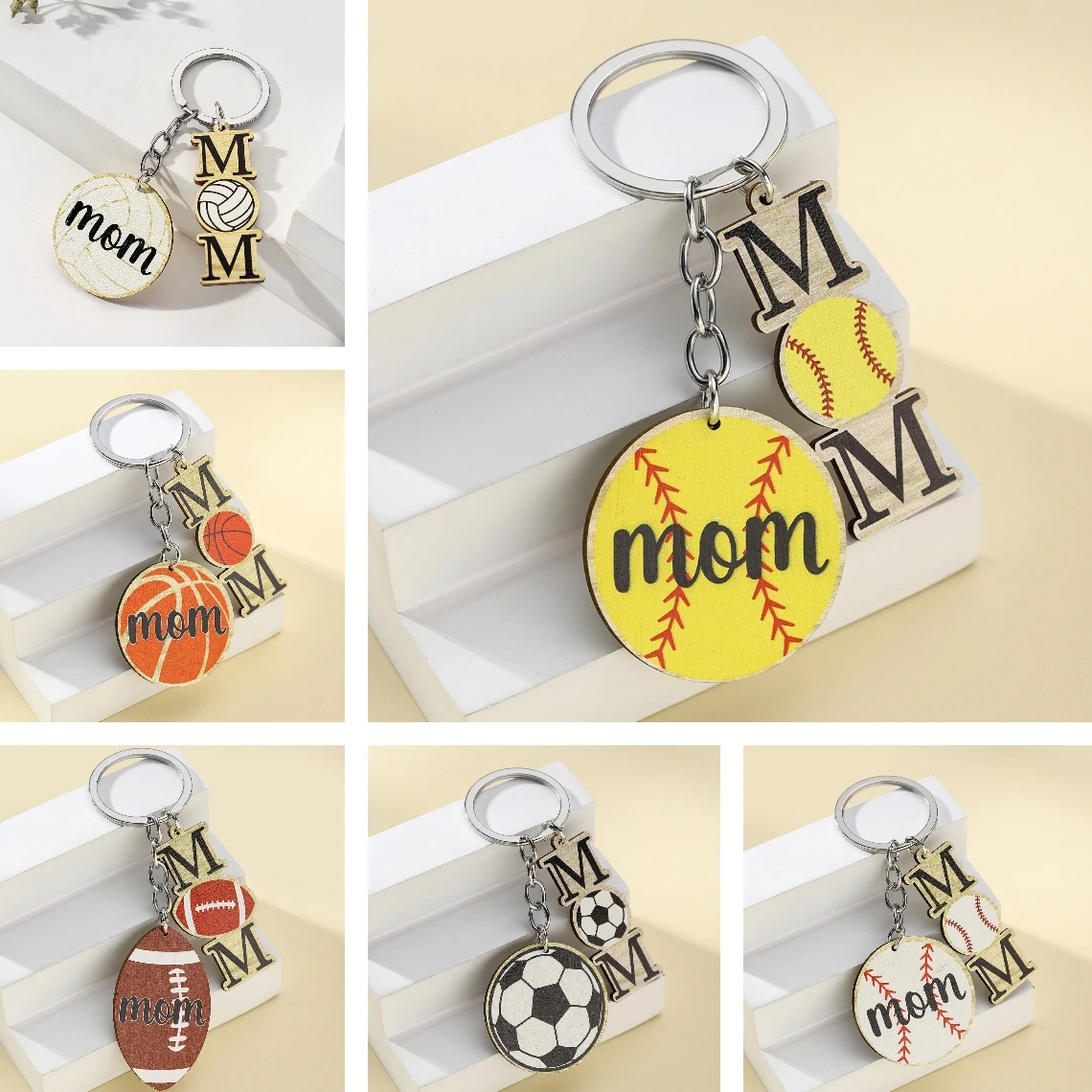 Llavero de madera con colgante baloncesto para coche y llaves - imagen 4