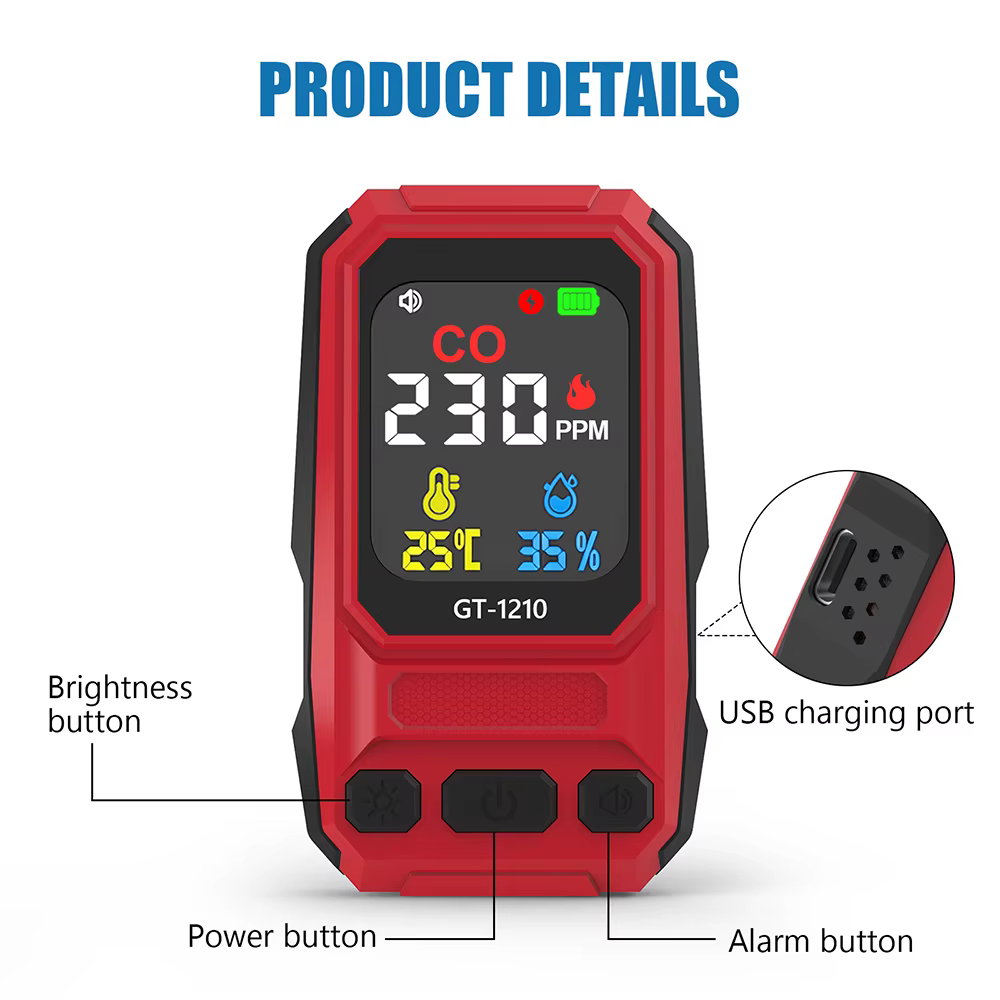 Detector Portátil de Monóxido de Carbono 3 en 1 para Hogar con Mascotas
