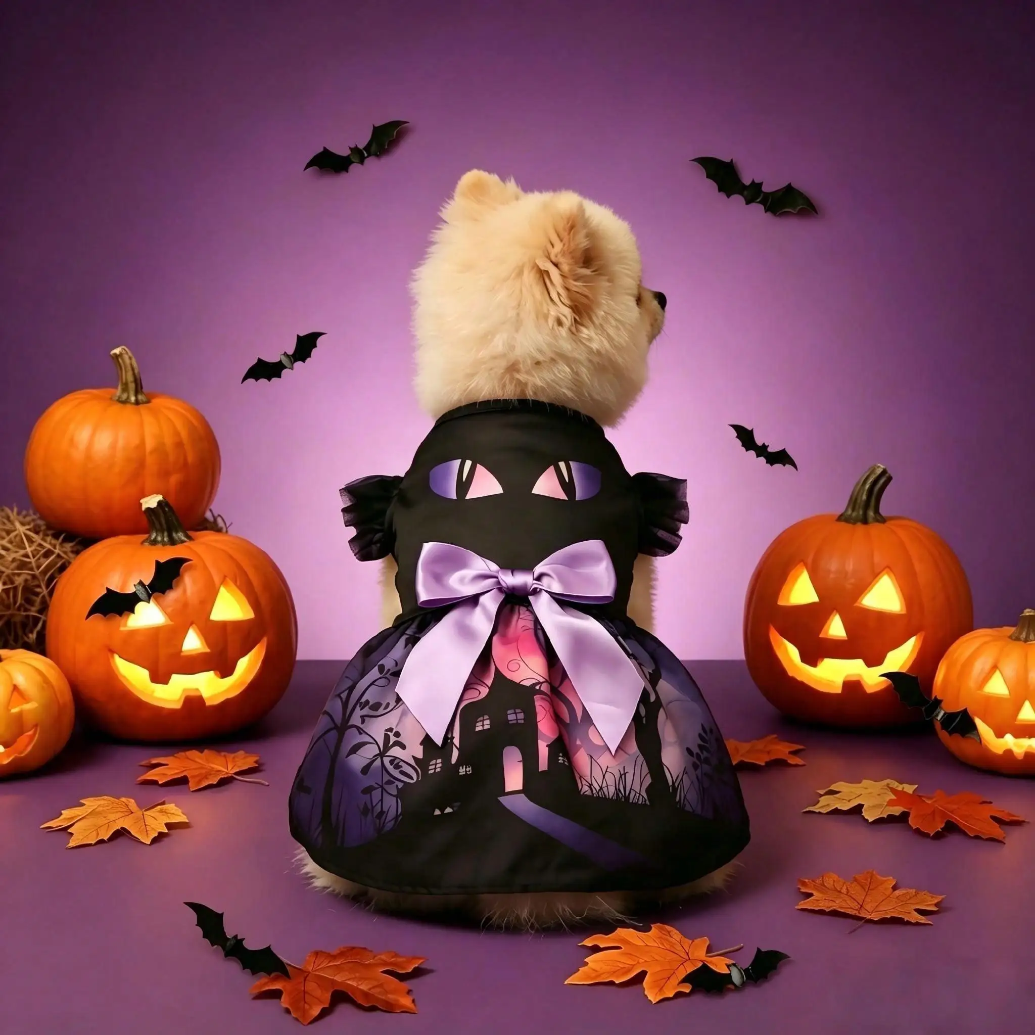 Disfraz de Halloween para mascotas con tutú negro y lazo morado