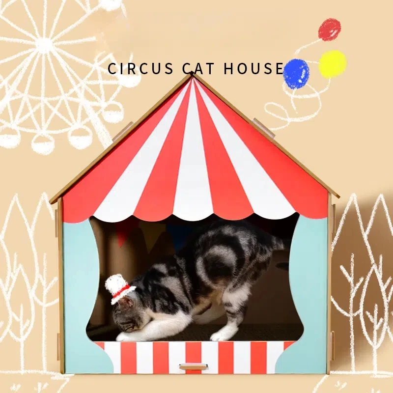 Vista frontal de la casa de gato de madera con rascador