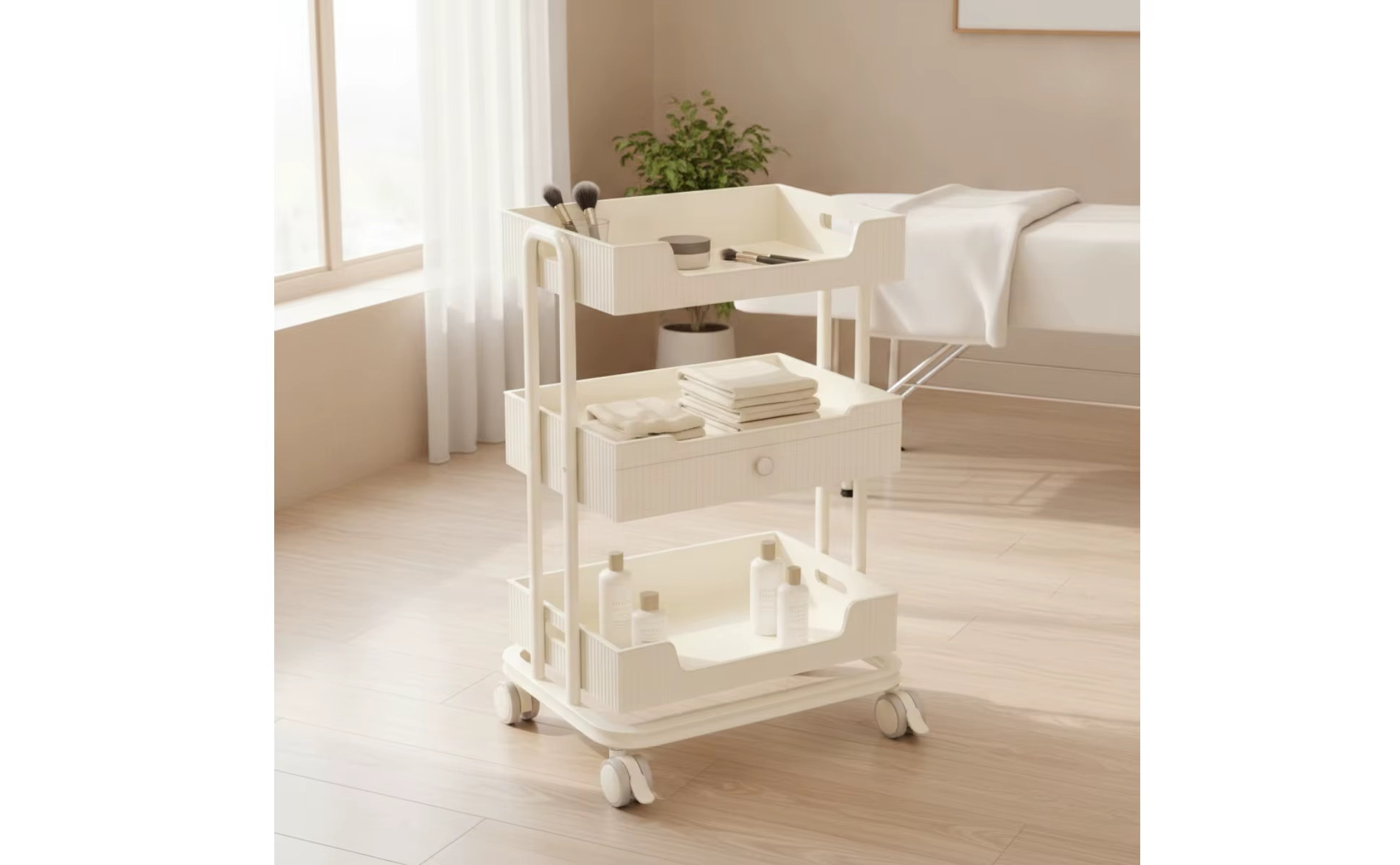 Carrito de salón de belleza con tres niveles y cajón extraíble en color crema