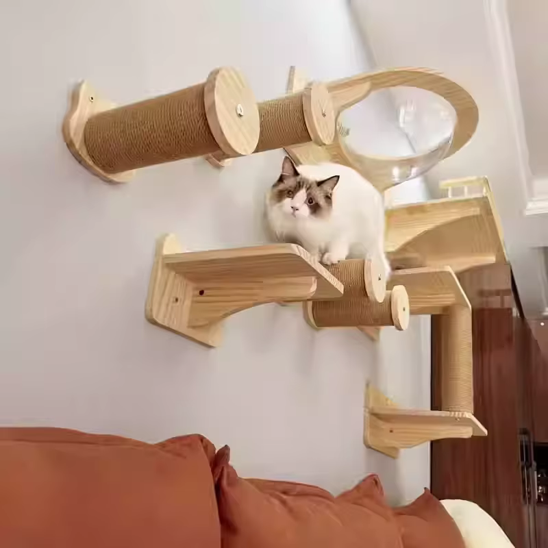 Estantes de pared de madera para felinos con poste rascador y mirador - imagen 4