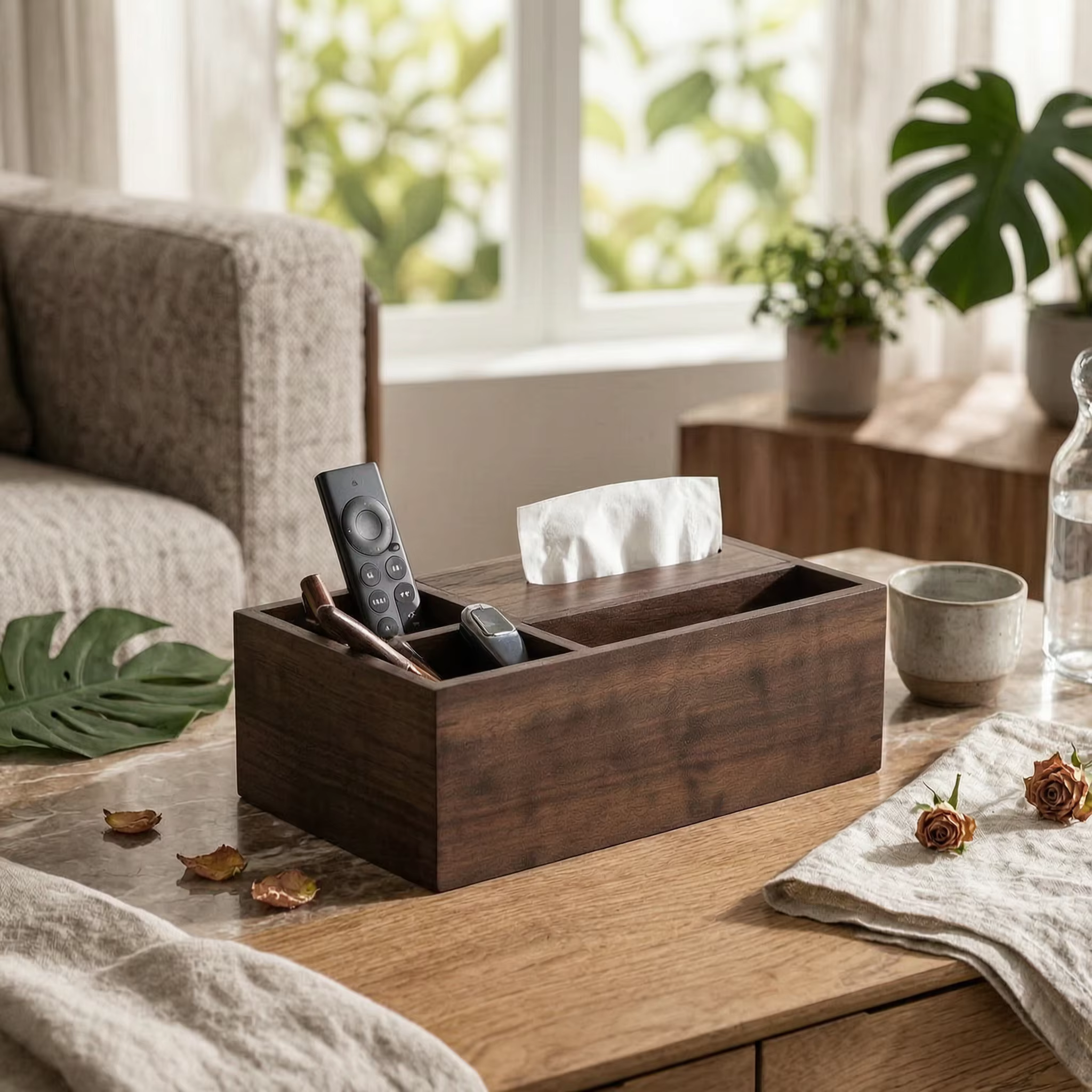 Organizador pañuelos escritorio – Soporte cajas pañuelos con compartimentos - imagen 5