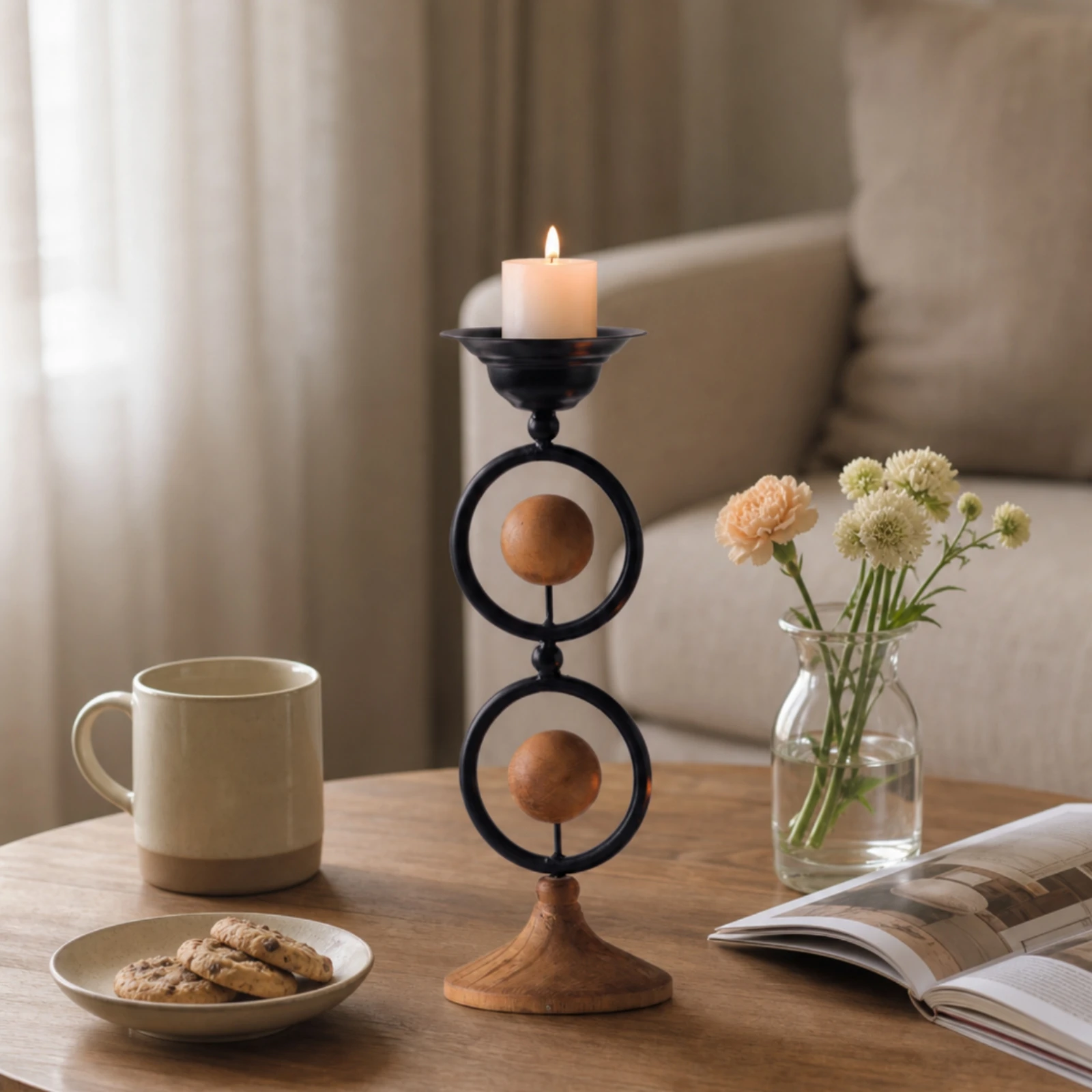 Candelabro escultural metal y madera para centro de mesa