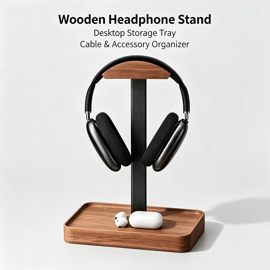 Soporte de auriculares de madera maciza nogal negro con base de aluminio - imagen 3