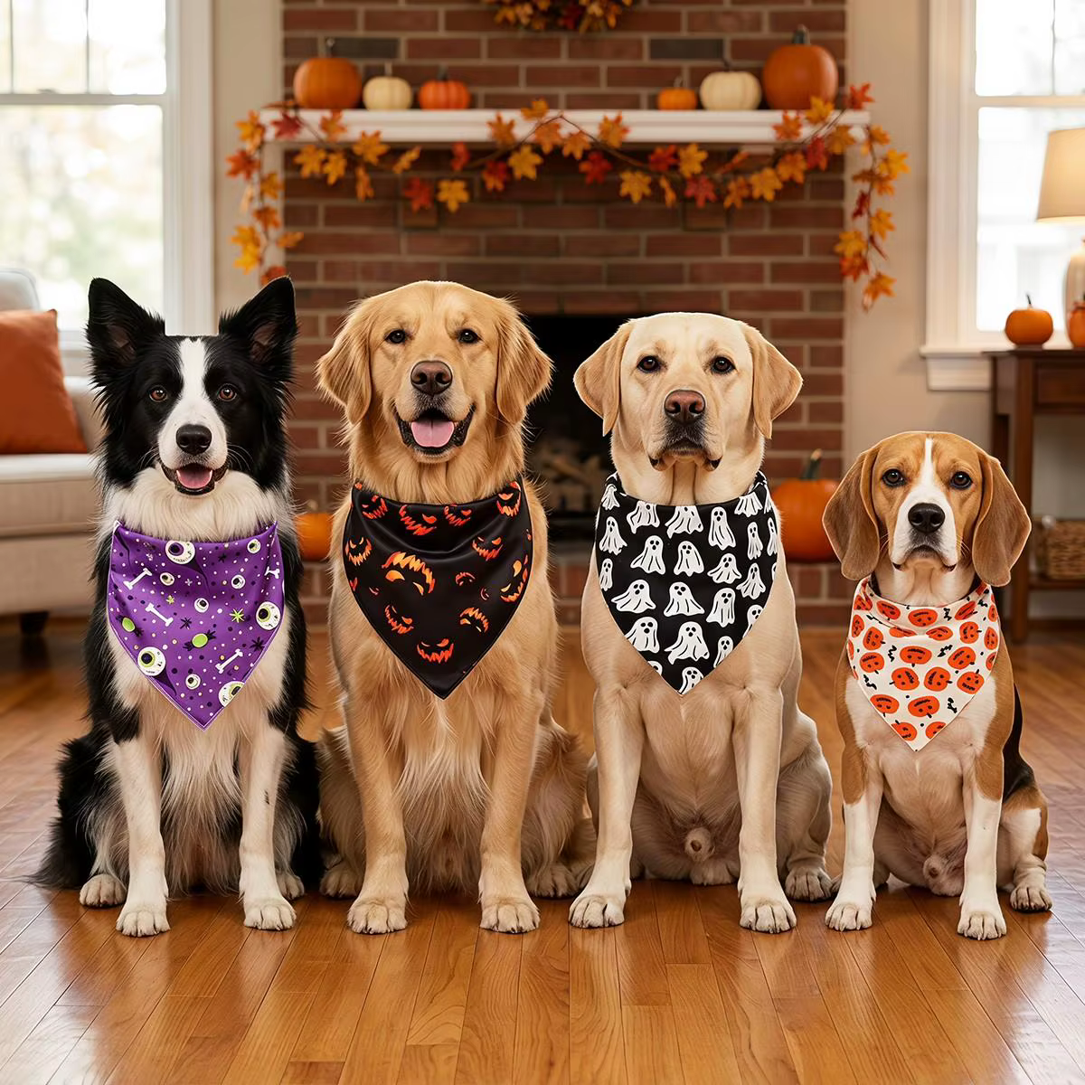 Pañuelos triangulares para perros de Halloween con diseños de calabaza, fantasma y ojo