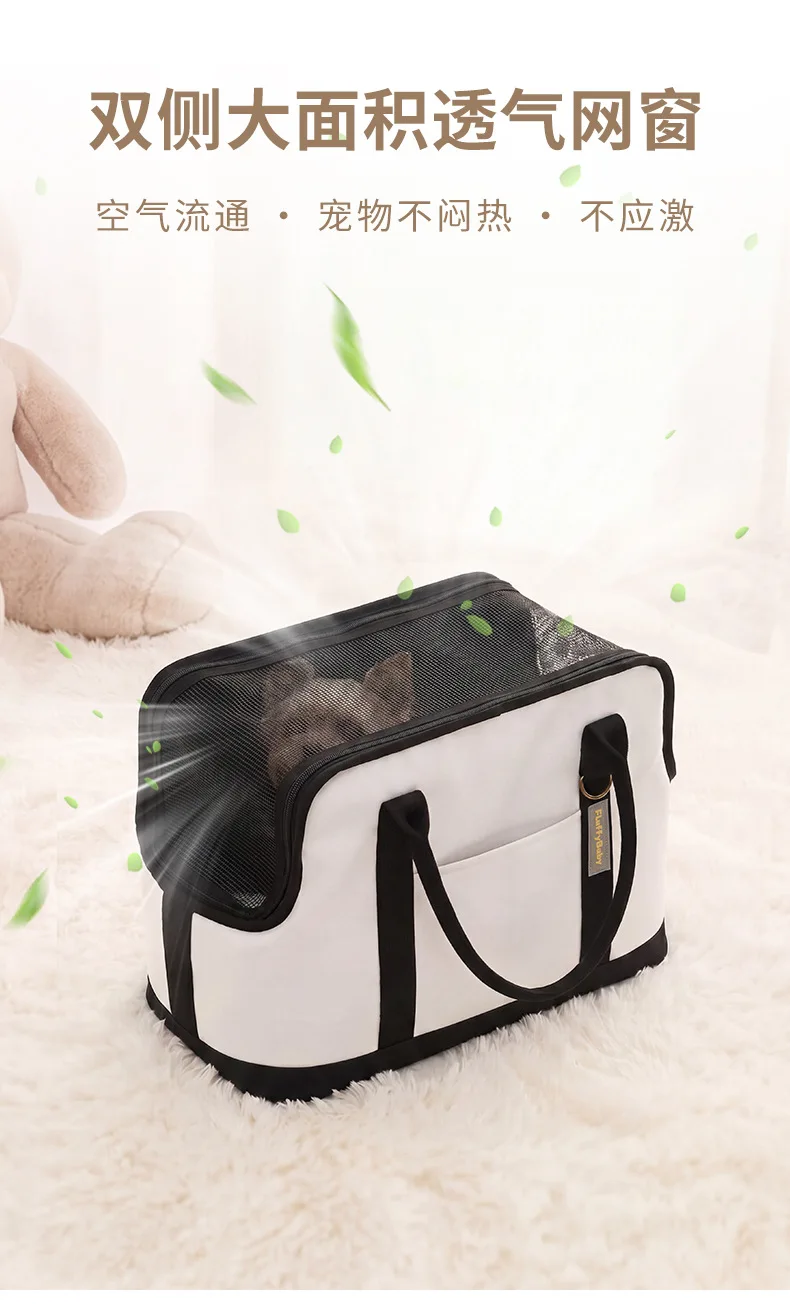Detalle del cierre y asa del bolso para mascotas