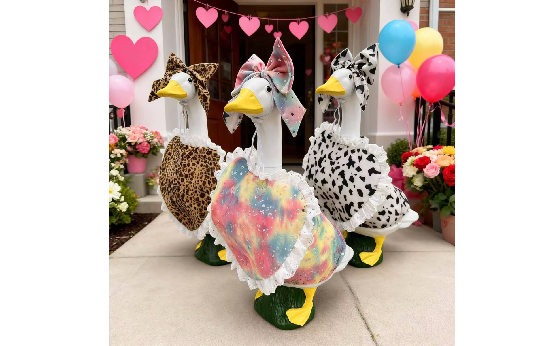 Detalle de encaje y corazón del traje para ganso de jardín