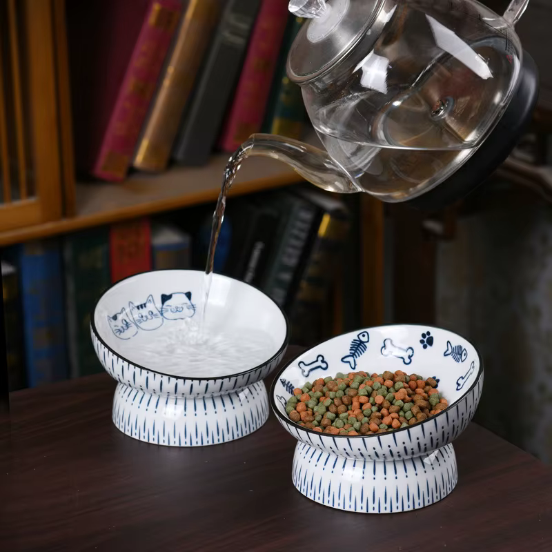 Tazón cerámica para gatos estilo japonés boca inclinada anti-mancha