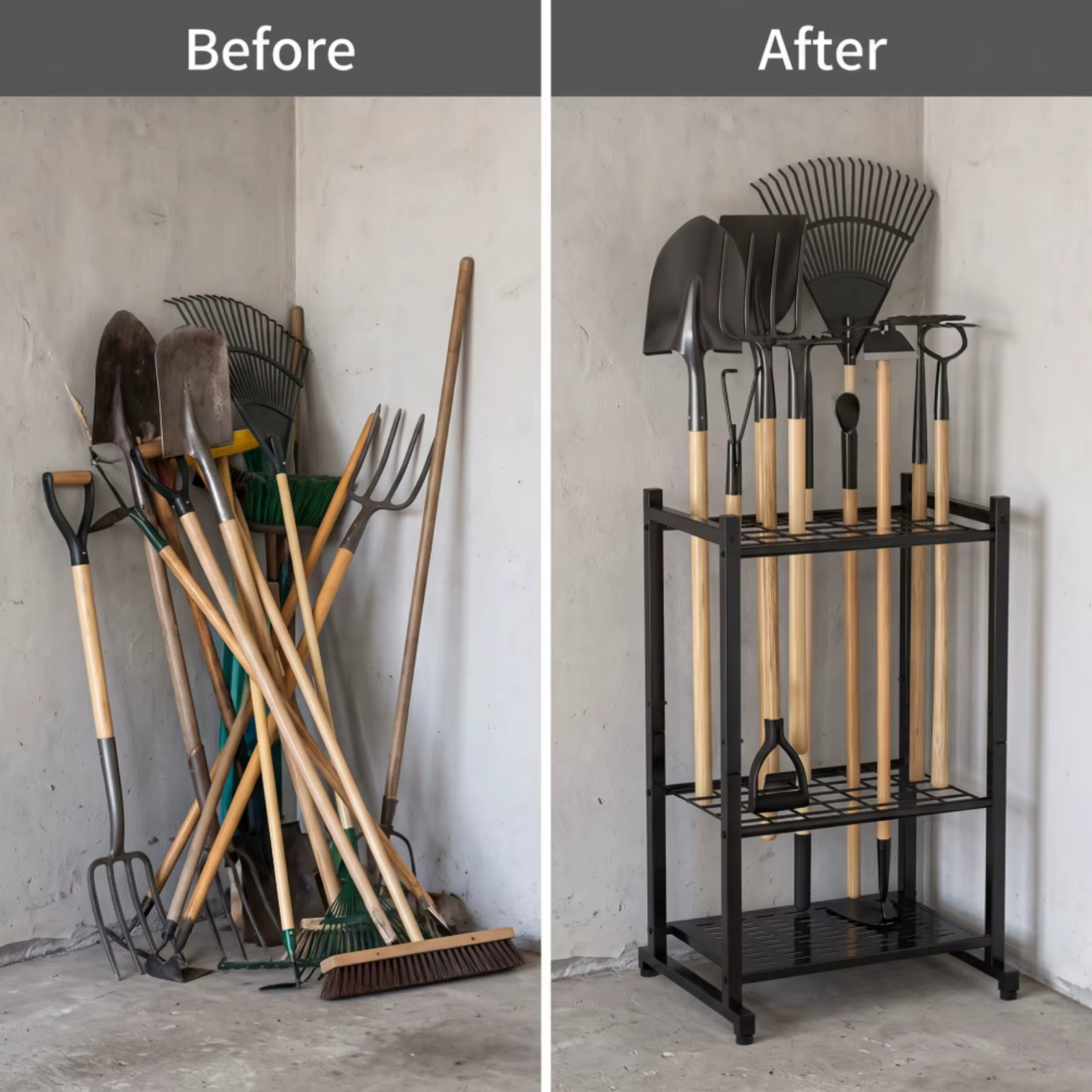 Organizador de herramientas de jardín de tres niveles – Soporte para palas y rastrillos - imagen 5