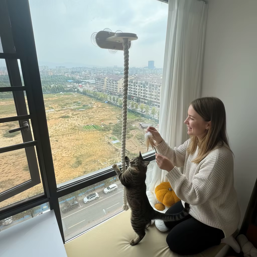 Rascador para gatos de pared con cuerda y nido colgante