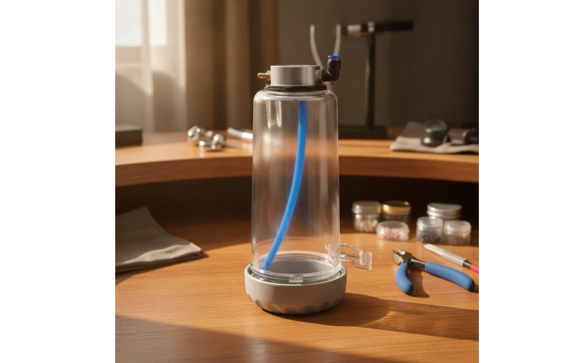 Tanque de arenado con recipiente cilíndrico transparente y tubo interno azul