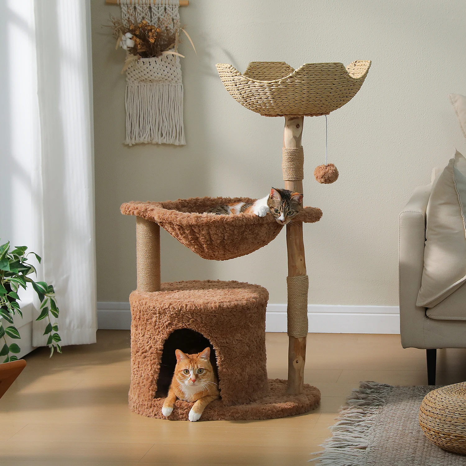 Torre para Gatos con Hamaca y Cesta de Mimbre – Móvil de Madera Natural - imagen 5