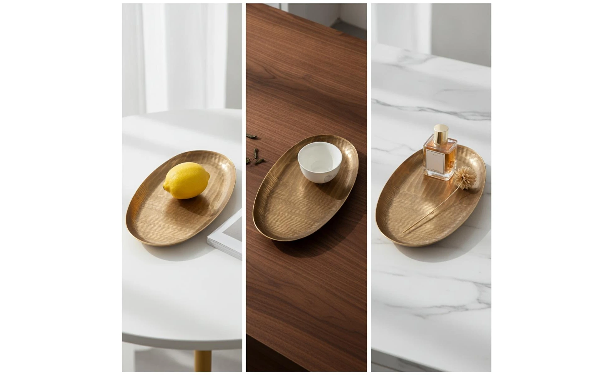 Bandeja decorativa ovalada en ambiente de hogar moderno con tonos neutros
