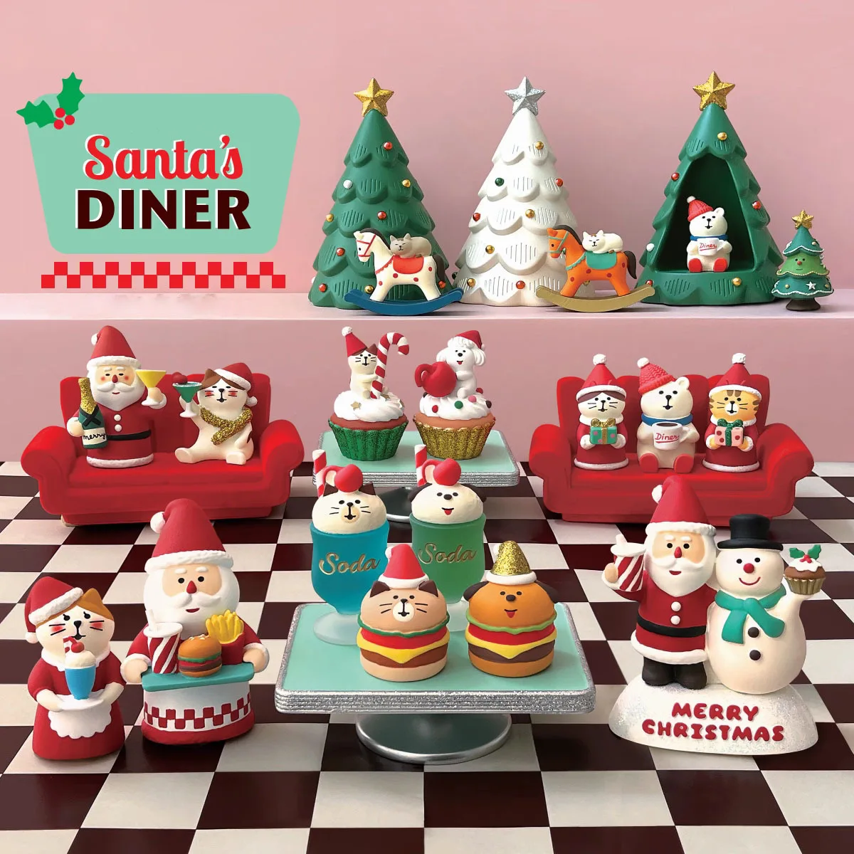 Decoración navideña de resina con gato y Papá Noel
