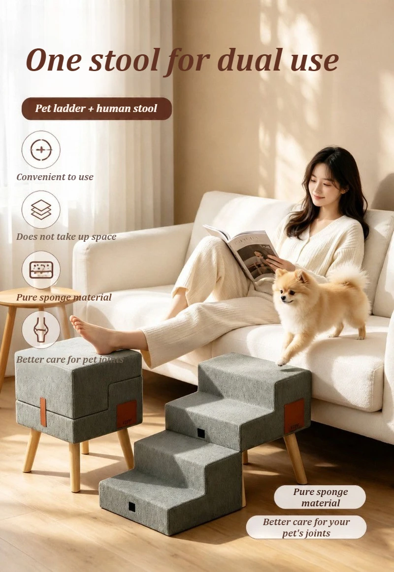 Escalones suaves para mascotas junto a una cama