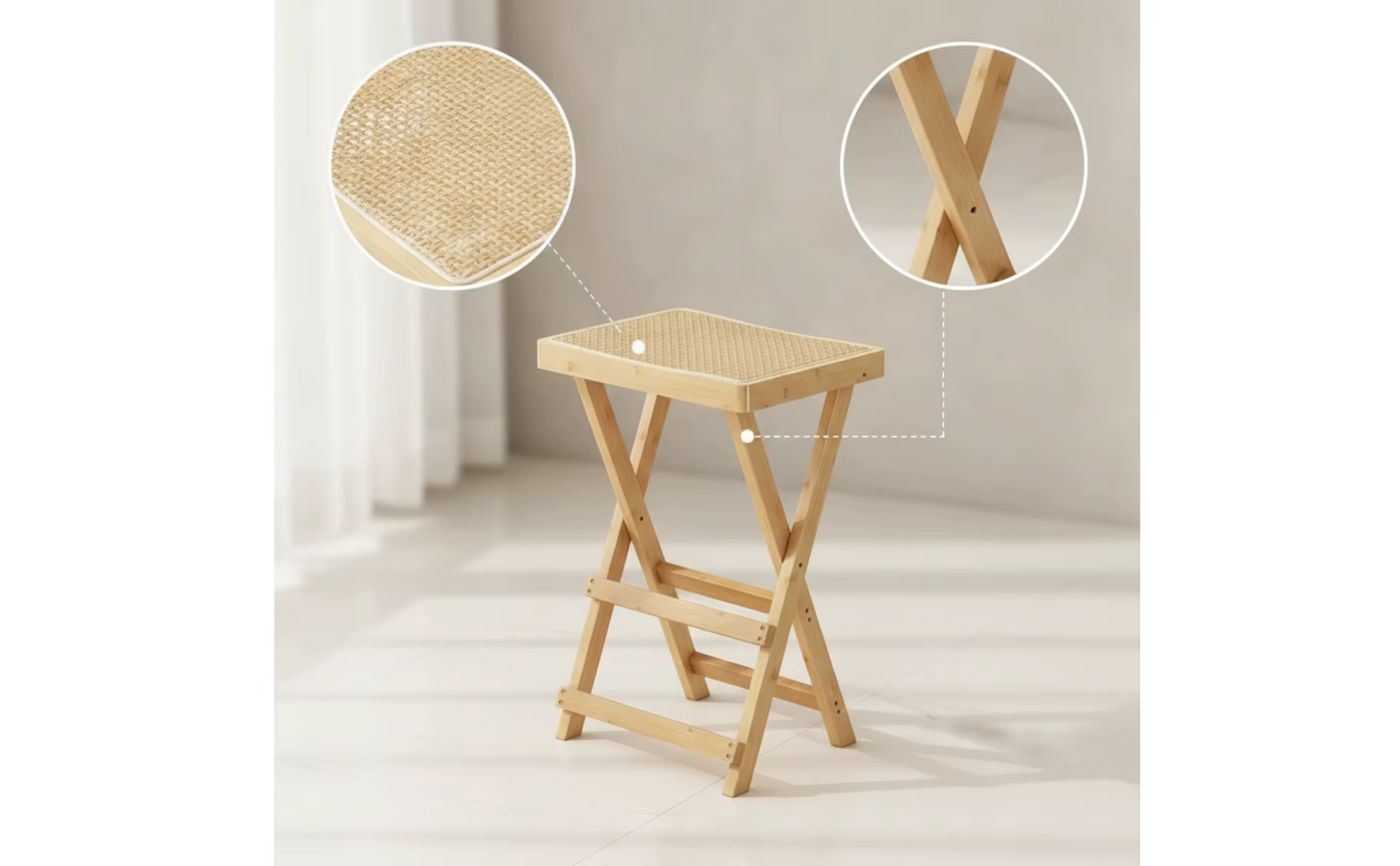 Taburete plegable de bambú con asiento tejido