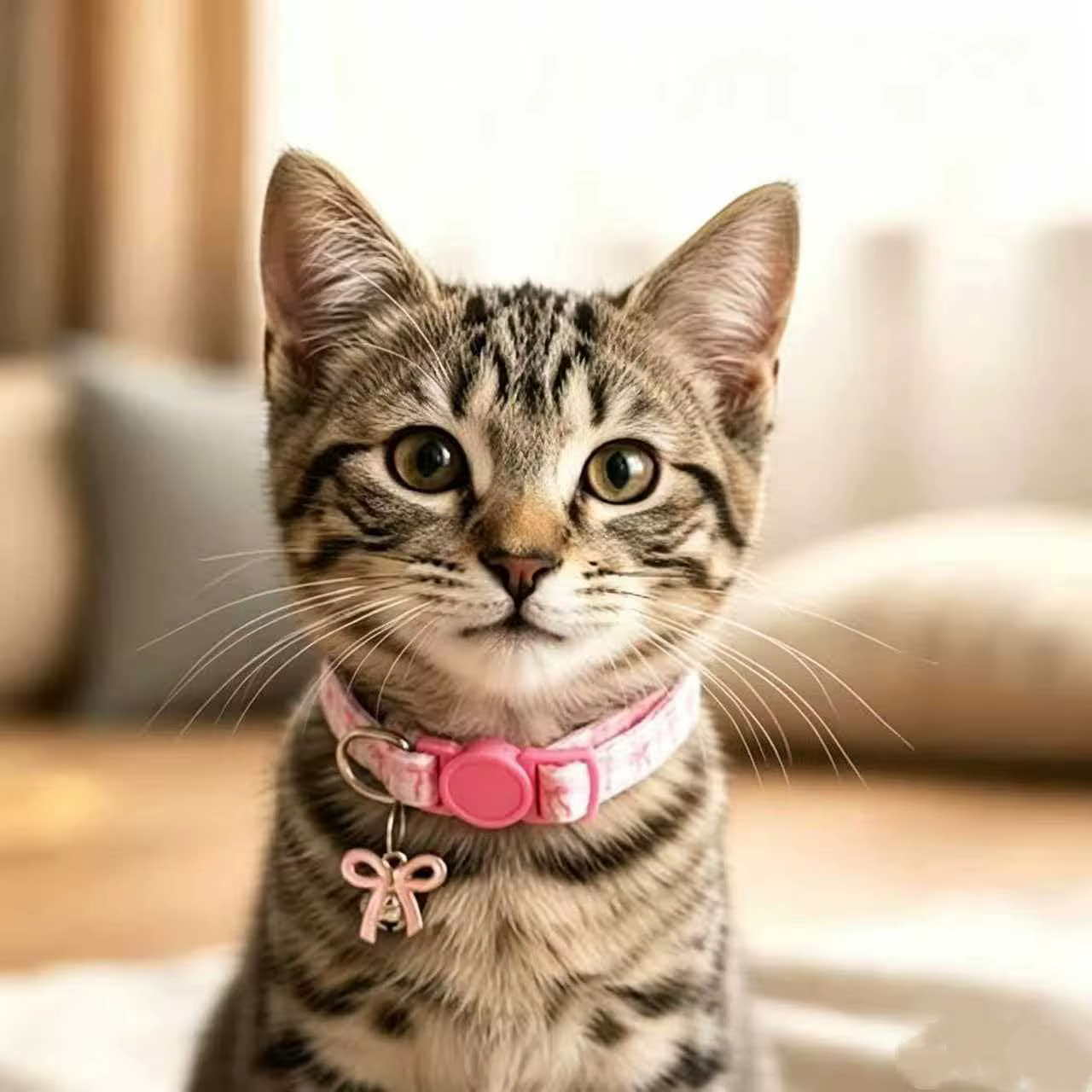 Collar rosa para gato con campana, lazo y flor – ajustable
