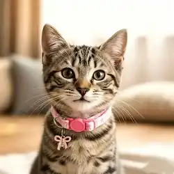 Collar rosa para gato con campana, lazo y flor – ajustable