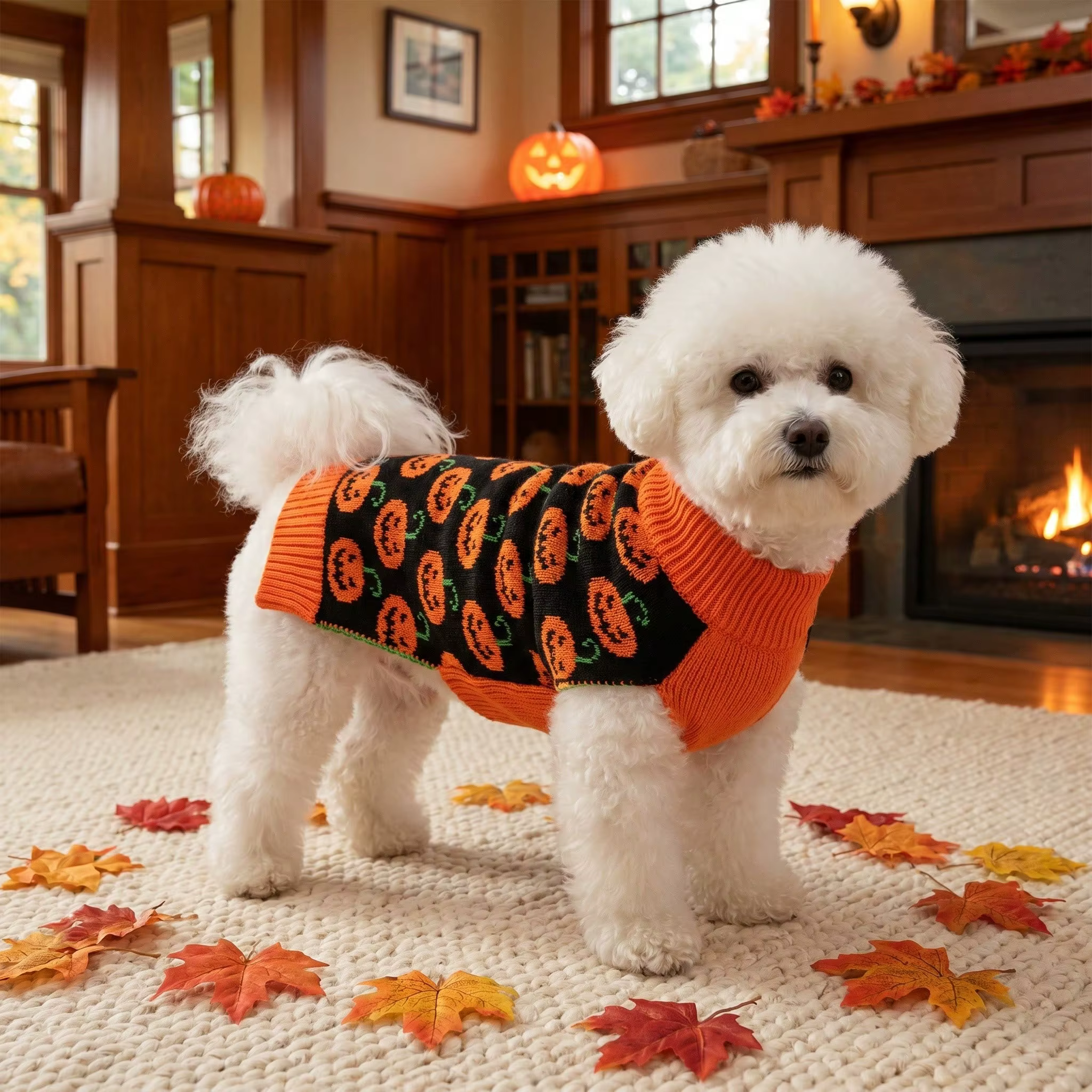 Suéter Calabaza Halloween Cuello Alto para Perros y Gatos