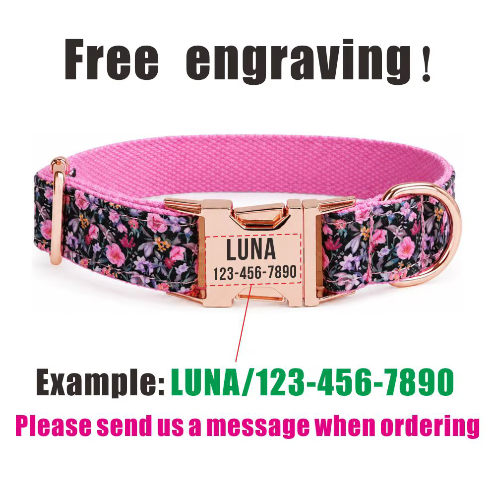 Collar para perros con nombre y diseño floral personalizado, ajustable - imagen 3