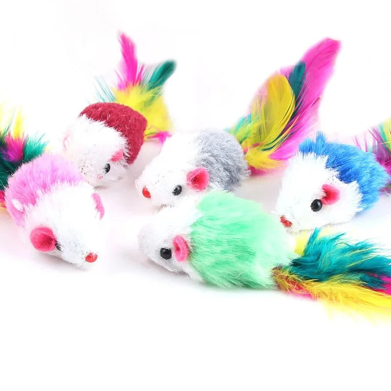 Ratón de plumas para gatos con base de lana y plumas coloridas