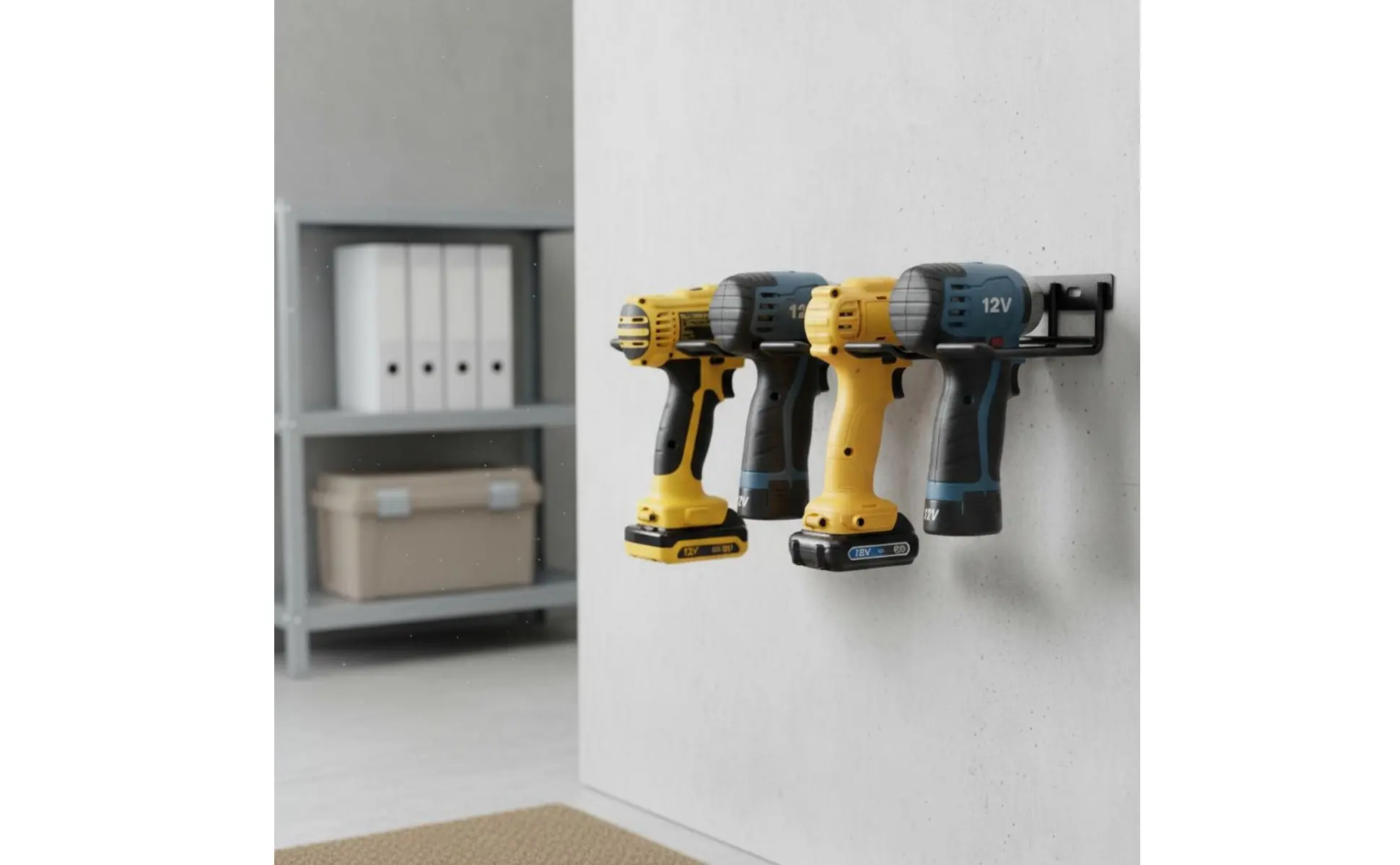 Soporte de pared para taladro instalado en taller