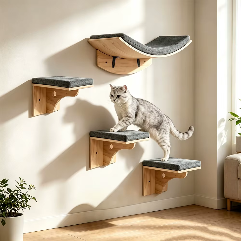 Estante mural para gatos con hamaca, cueva y escaleras de madera - imagen 4