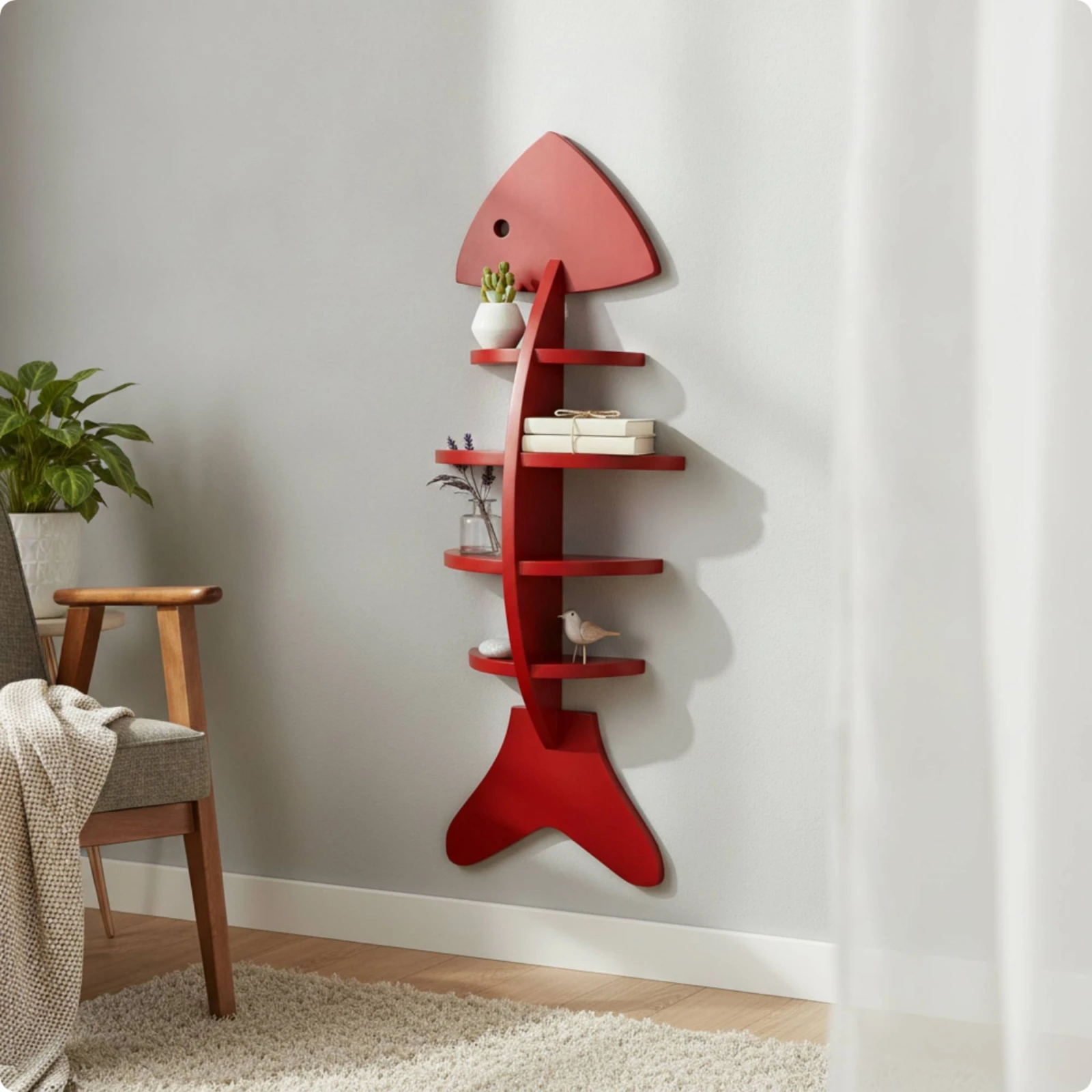 Estante pared gato forma espina pescado madera maciza