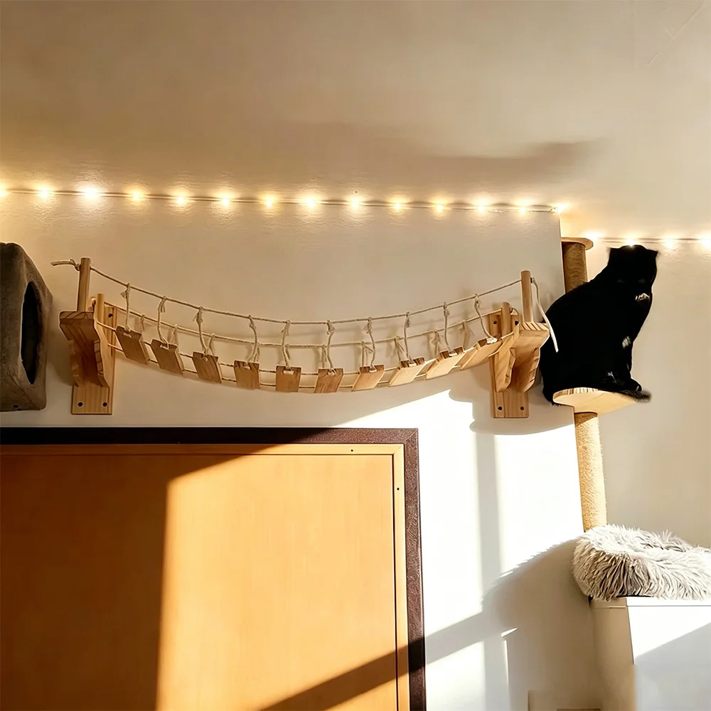 Puente de madera para gatos montado en pared, escalera y estante - imagen 2