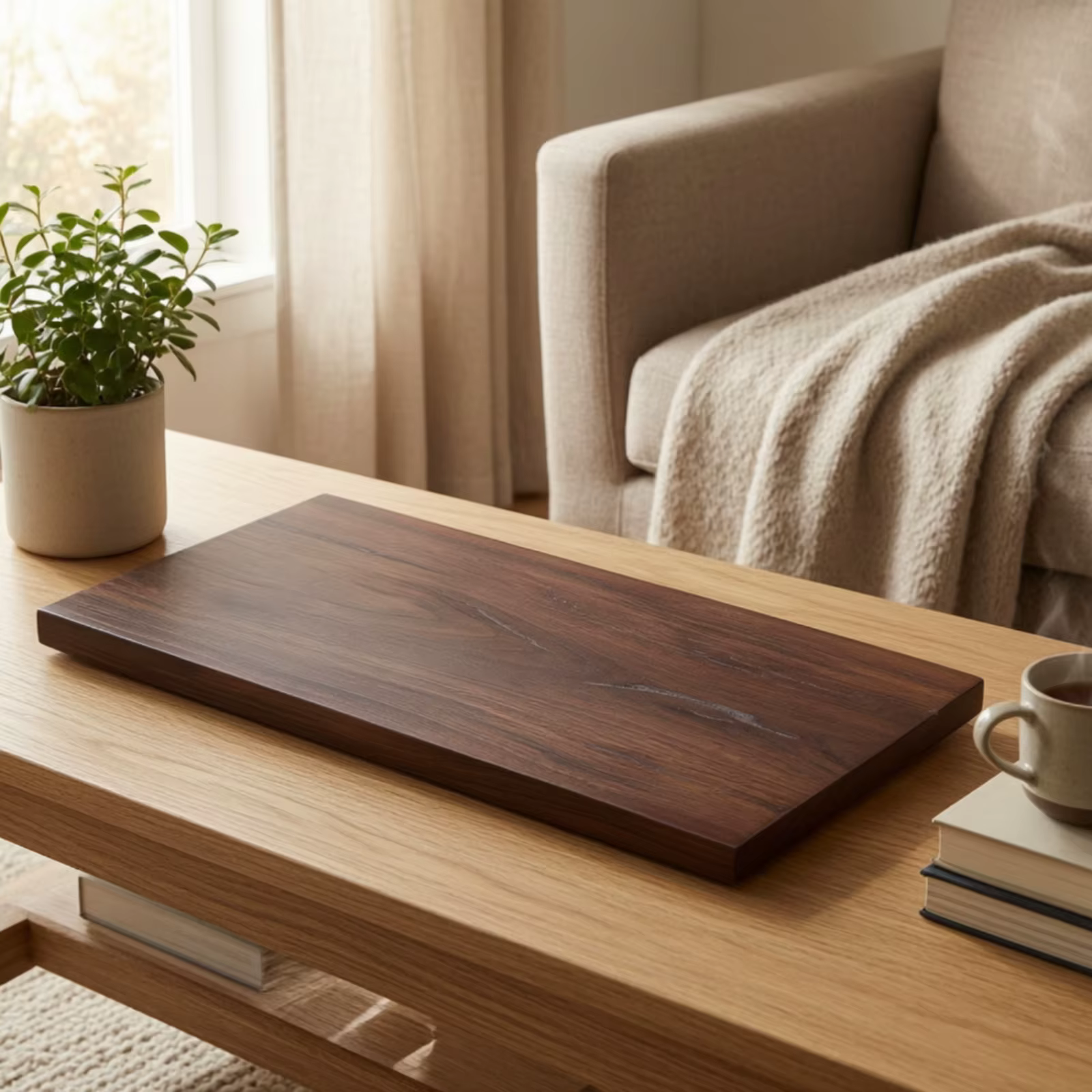 Bandeja té madera nogal rectangular – Acabado artesanal elegante - imagen 5