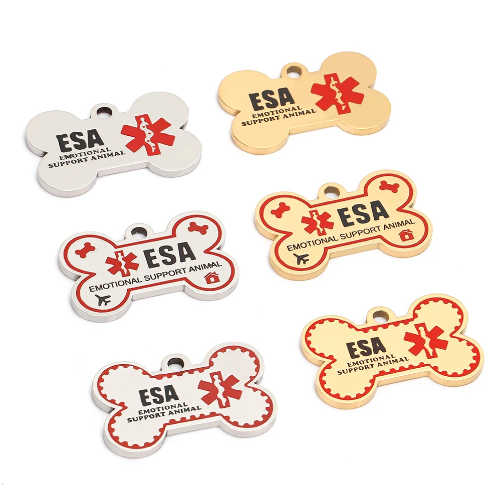 Placa de identificación personalizada para perros ESA, hueso de acero