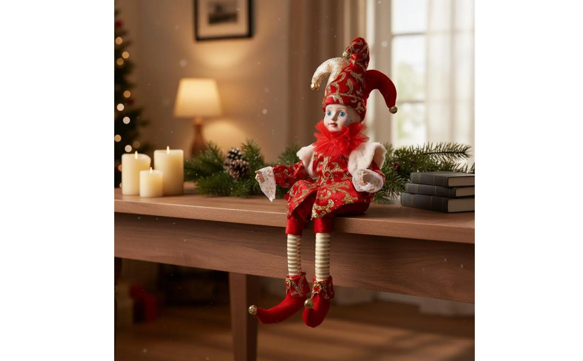Muñeco de payaso decorando repisa navideña