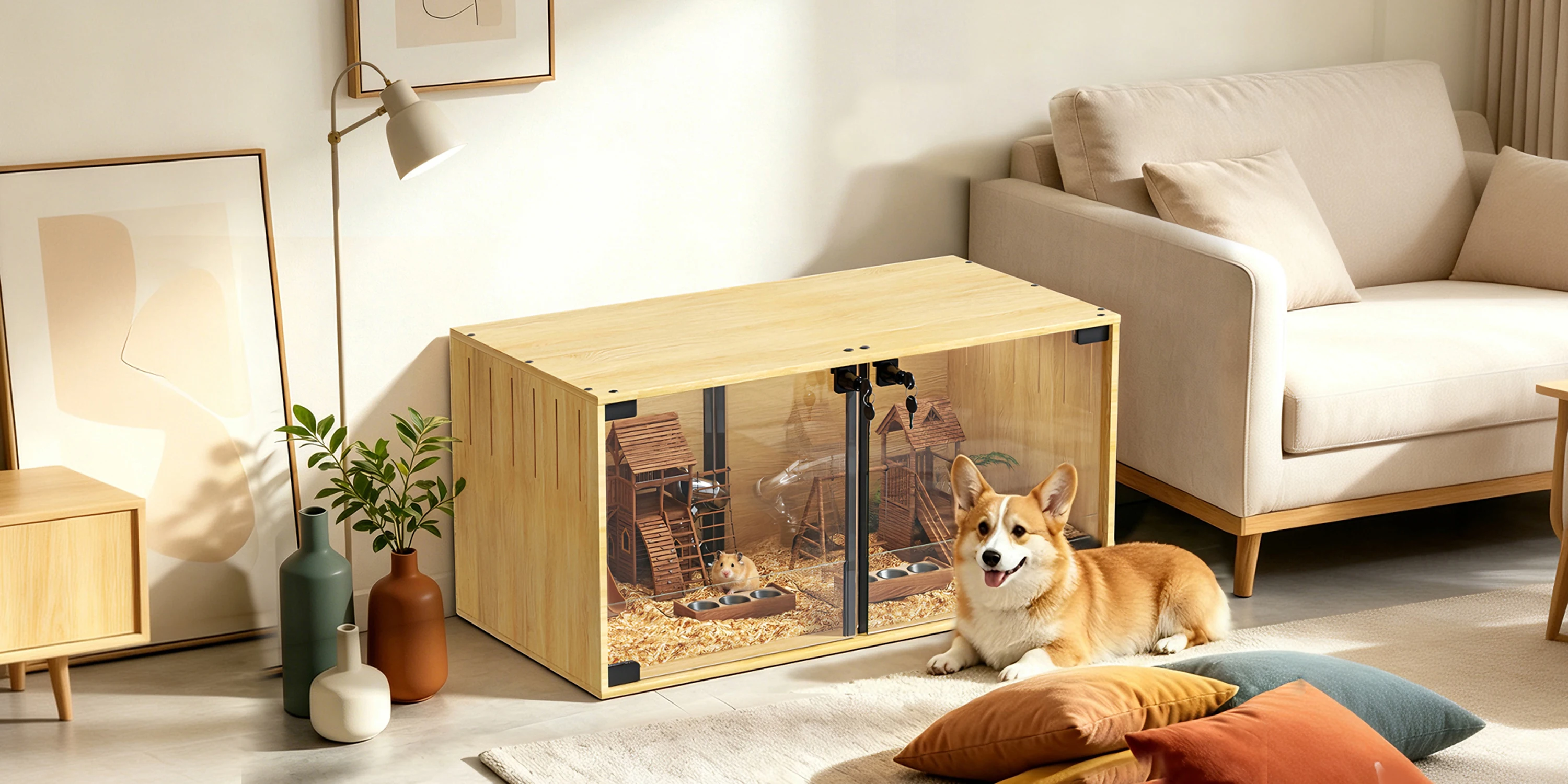 Hábitat de madera y vidrio templado para pequeños roedores