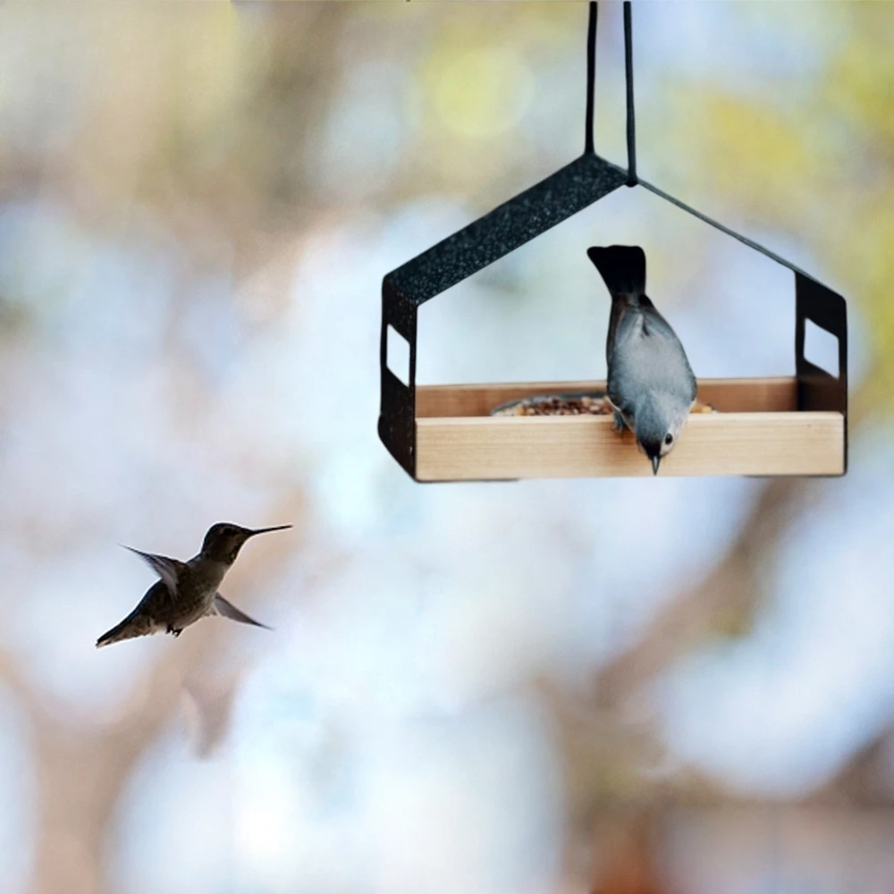 Comedero colgante para pájaros de madera y metal, exterior - imagen 4