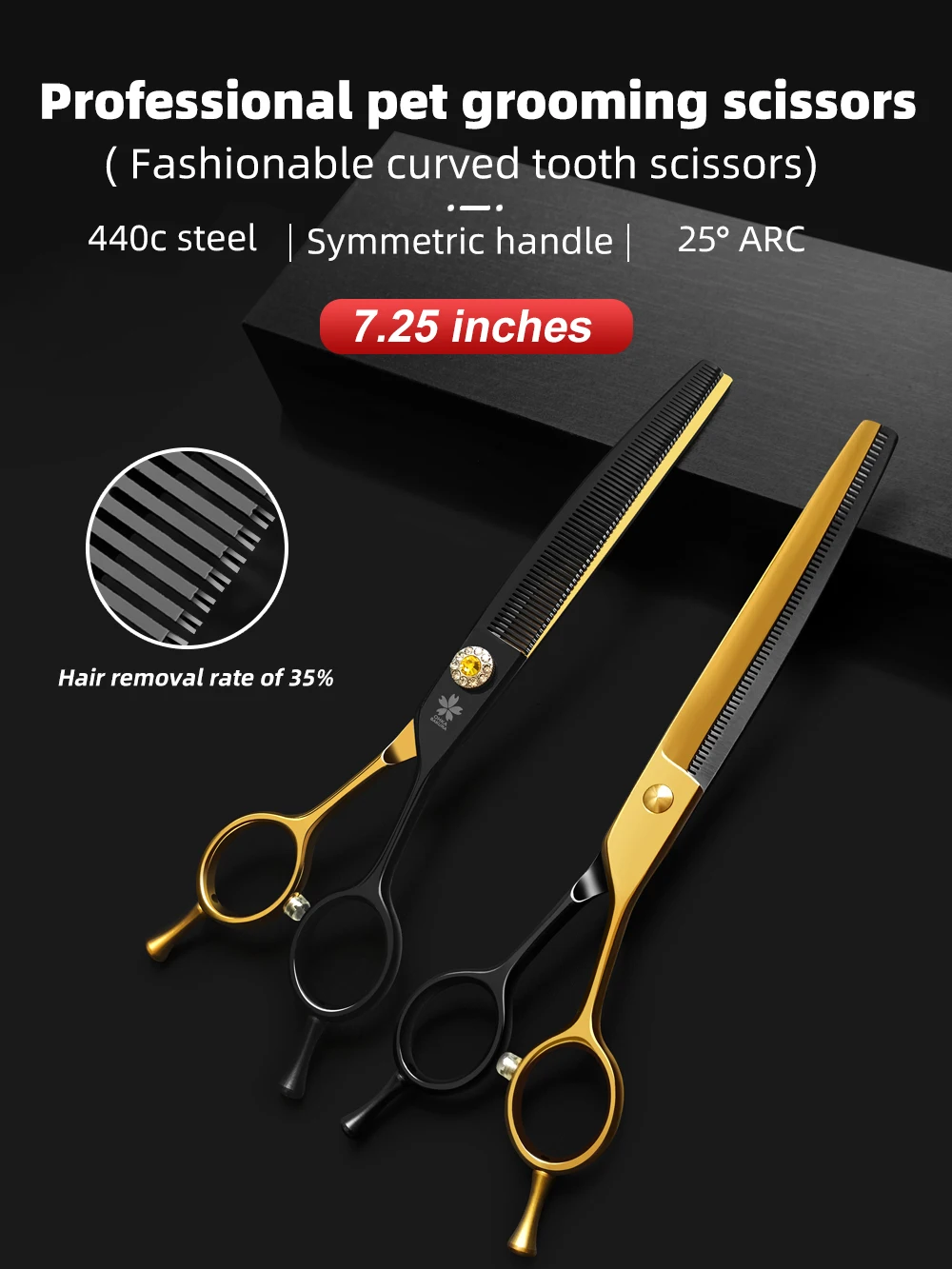 Tijeras curvo profesional con acabado negro y dorado