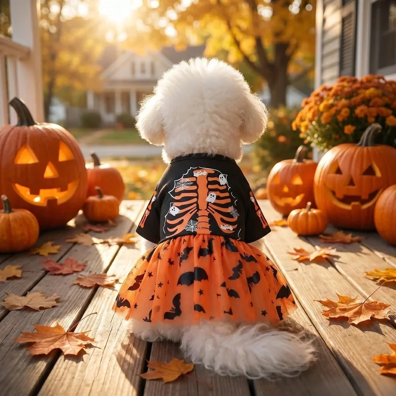 Tutú de Halloween para perro pequeño con calaveras y estrellas