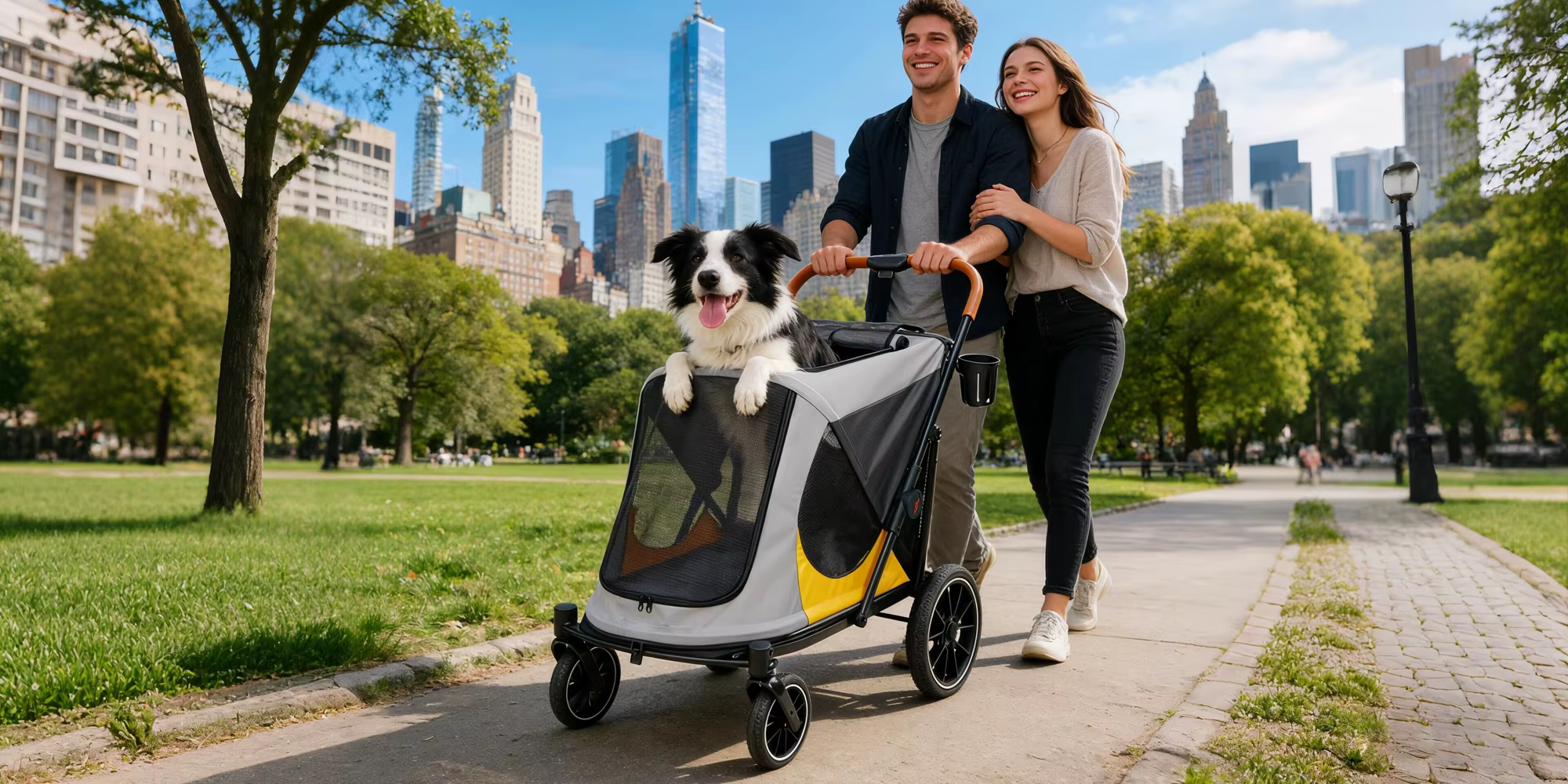 Carrito compacto para mascotas en uso