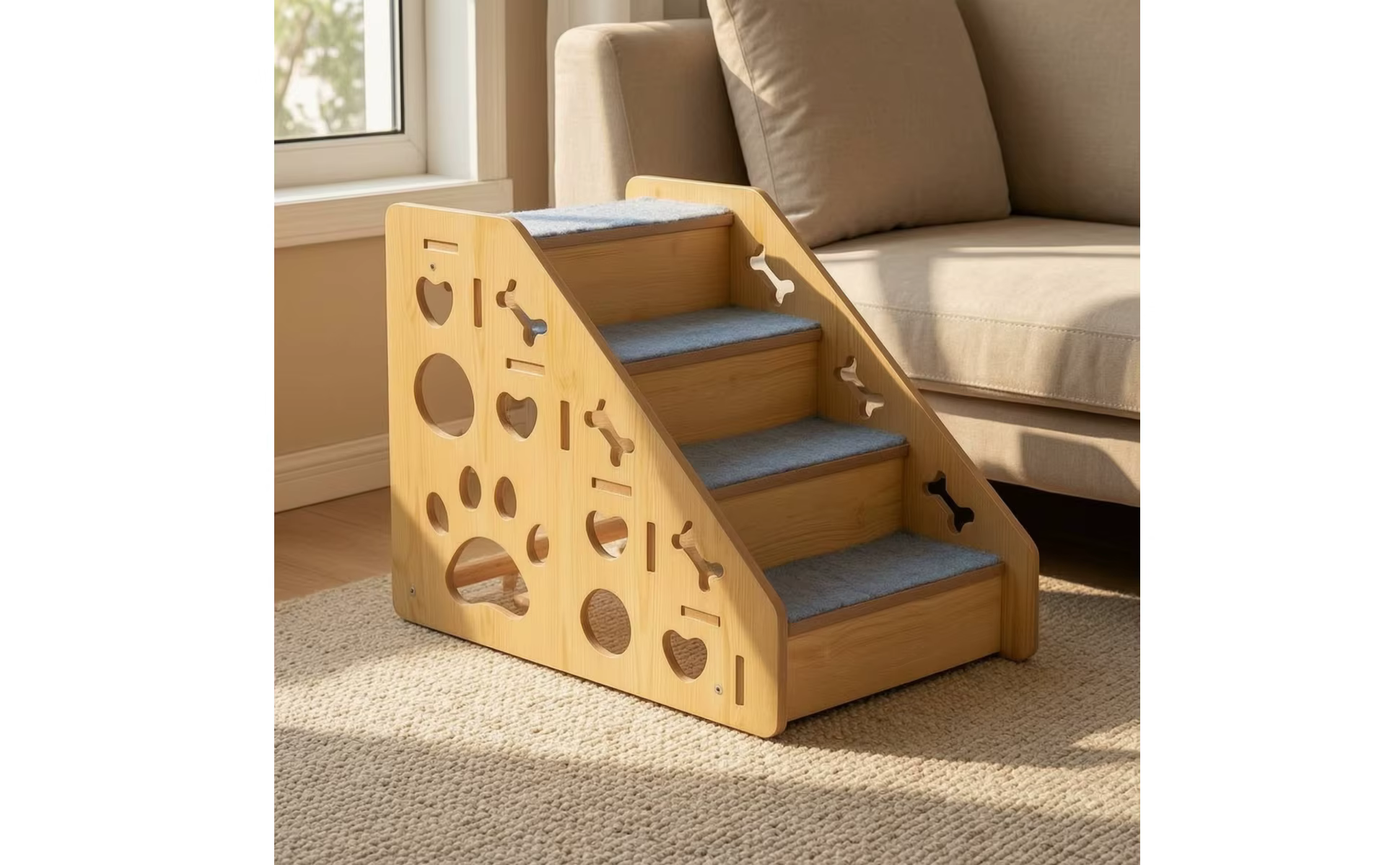 Escalera de madera para mascotas con alfombra gris, vista frontal