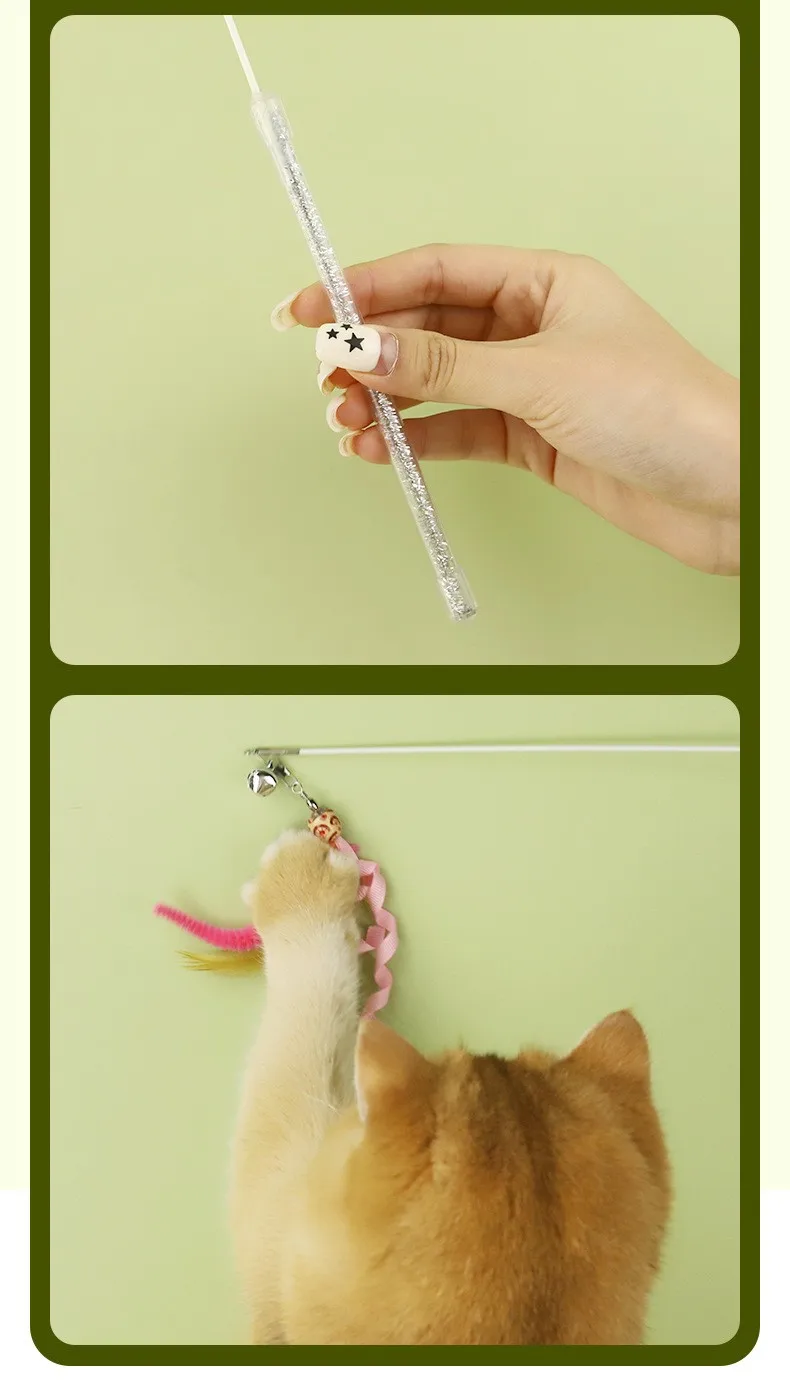 Detalle de plumas y borlas de arcoíris del juguete para gatos